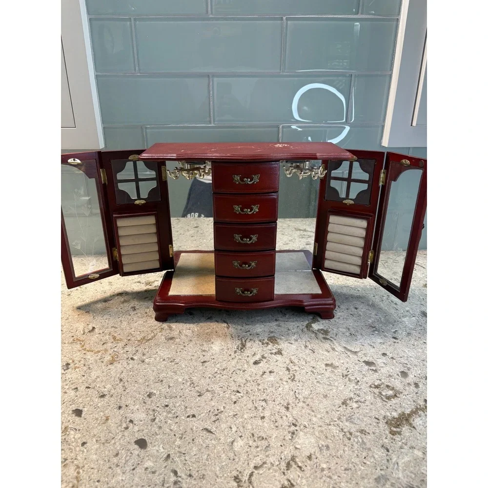 Vintage Wooden Jewelry Armoire Cherry Finish Etched Glass 5 Drawers Mirror Box